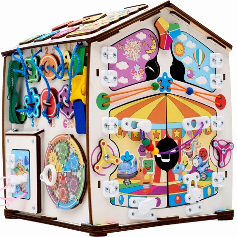 Бизиборд домик развивающий Смайлики на аттракционе со светом