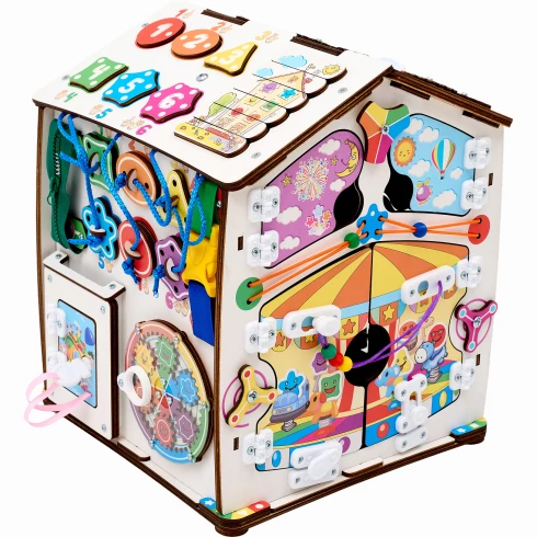 Бизиборд домик развивающий Смайлики на аттракционе со светом