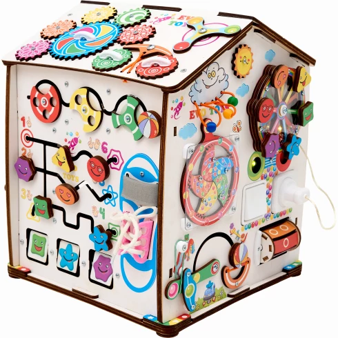 Бизиборд домик развивающий Смайлики на аттракционе со светом