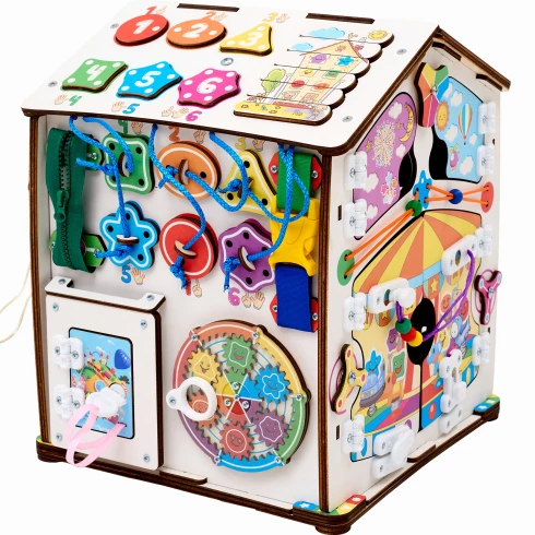 Бизиборд домик развивающий Смайлики на аттракционе со светом